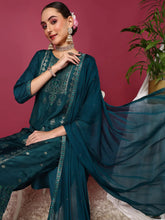 Women Teal Silk Blend Woven Design Straight Kurta Pant Set With Dupatta